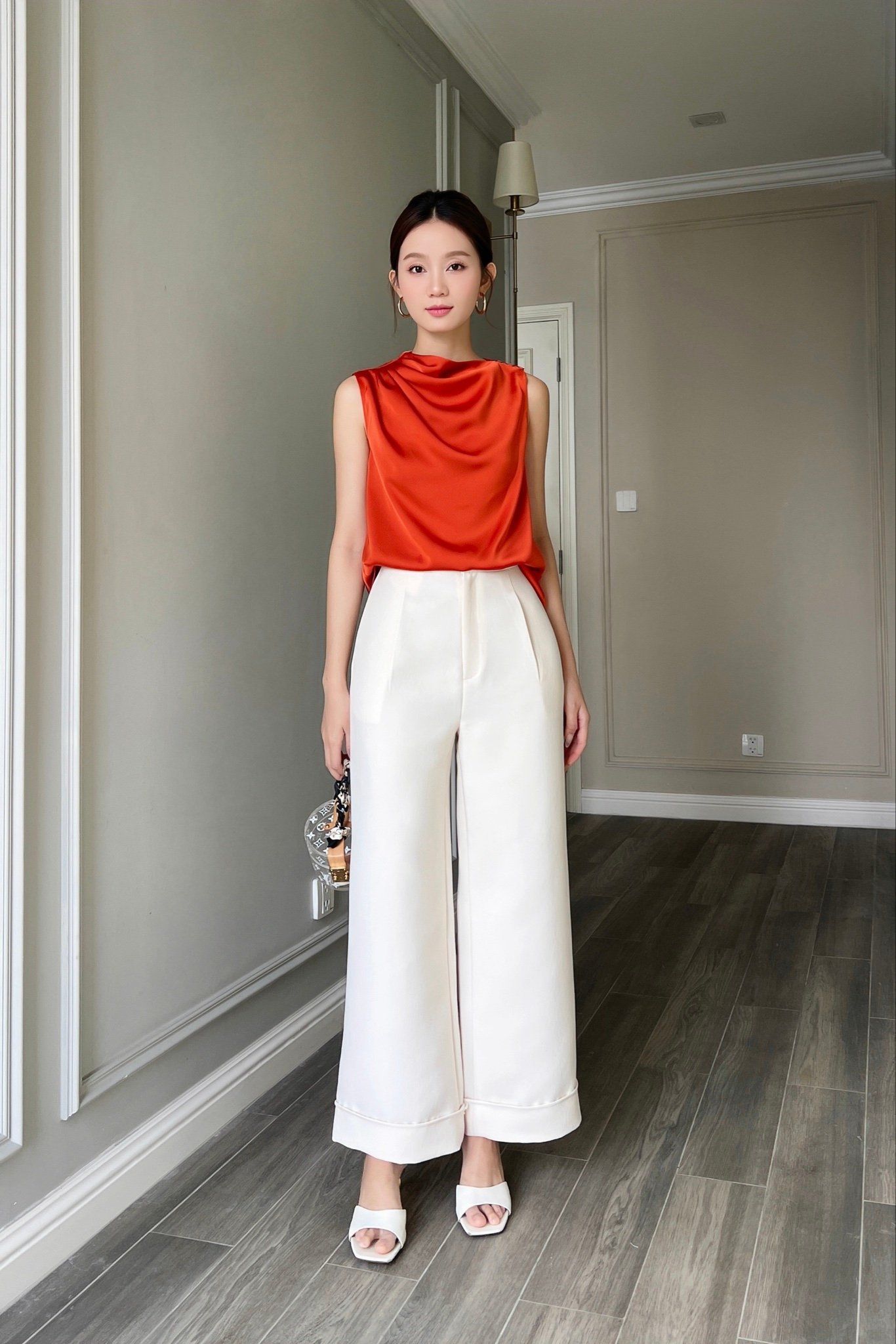  Áo sát nách cổ lệch xếp ly Cam đất 