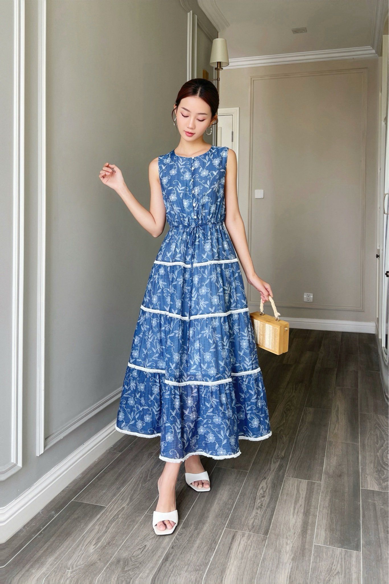  Đầm sát nách maxi phối nhíu phối đăng Hoa xanh đậm 