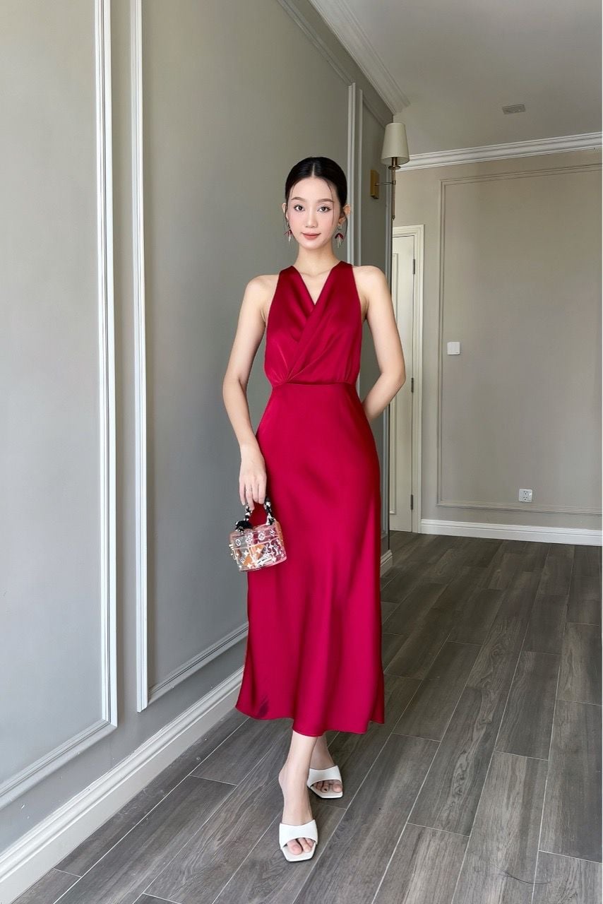  (NEW) Đầm yếm wrap xoè Đỏ đô 