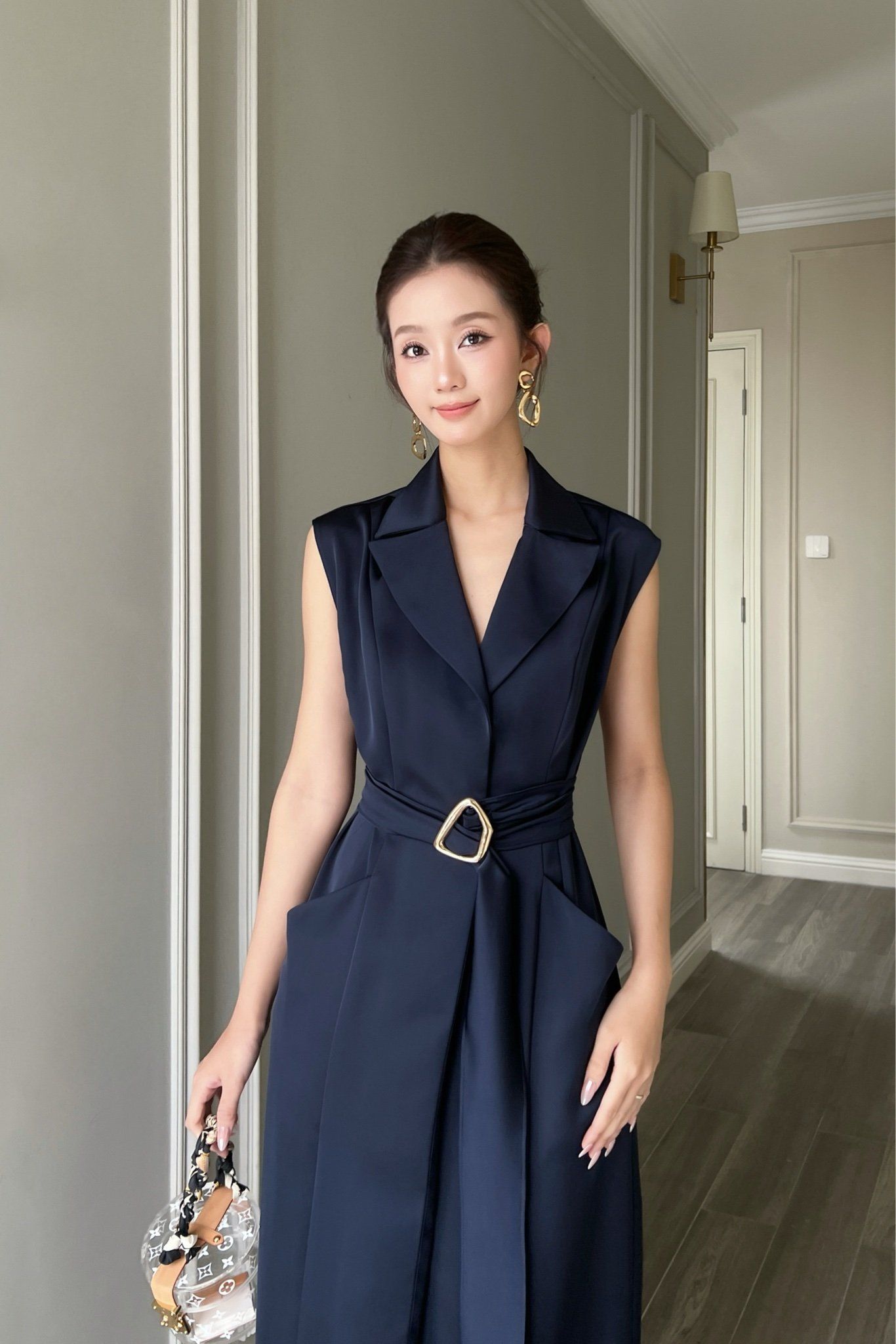  Đầm sơmi tay liền thắt dây lụa navy 