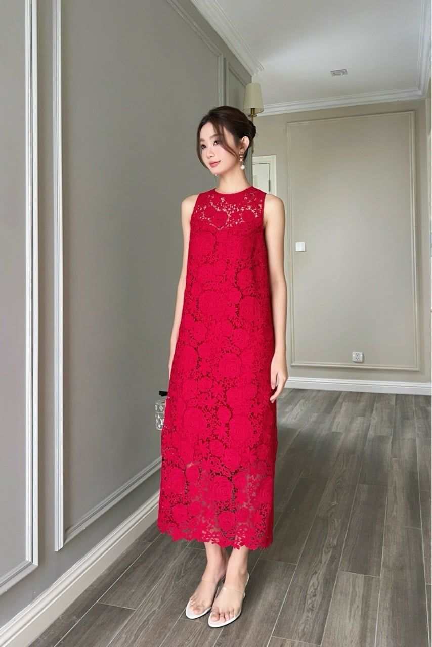  (NEW) Đầm midi xẻ sau ren Đỏ đô 