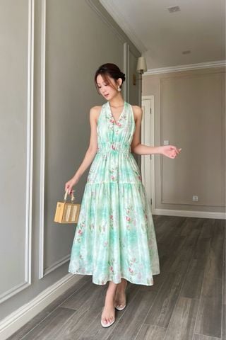  Đầm yếm chít li vai maxi phối nhíu Hoa mint 