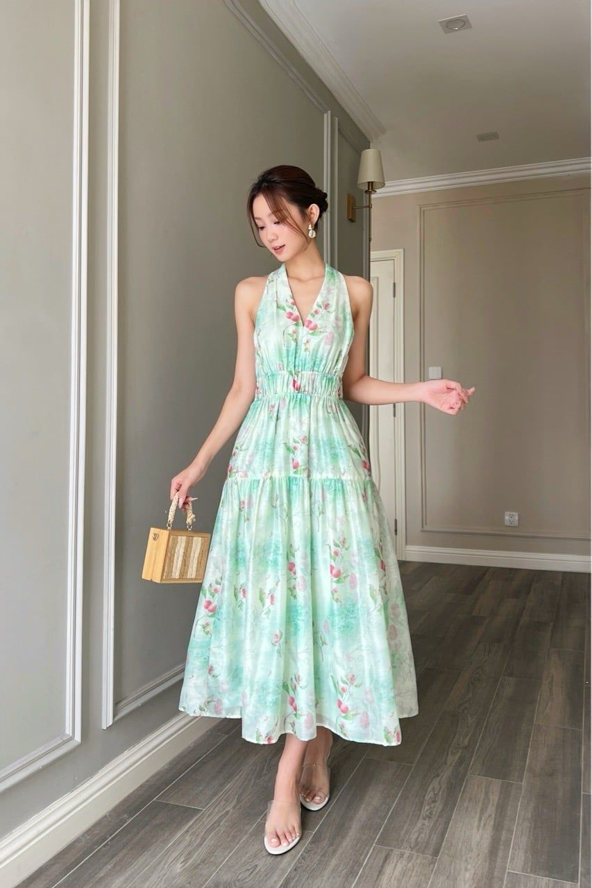  (MỚI) Đầm yếm chít li vai maxi phối nhíu Hoa mint 
