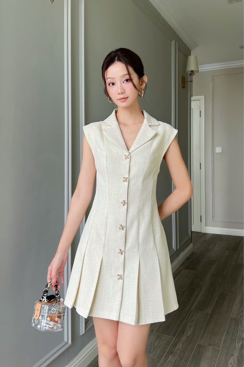  (MỚI) Đầm sơmi xếp ly tweed Kem 