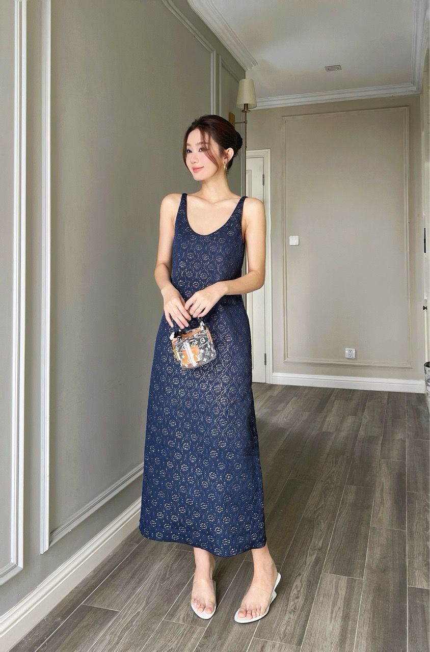  (NEW) Đầm midi cổ tròn tafta hoa Navy 