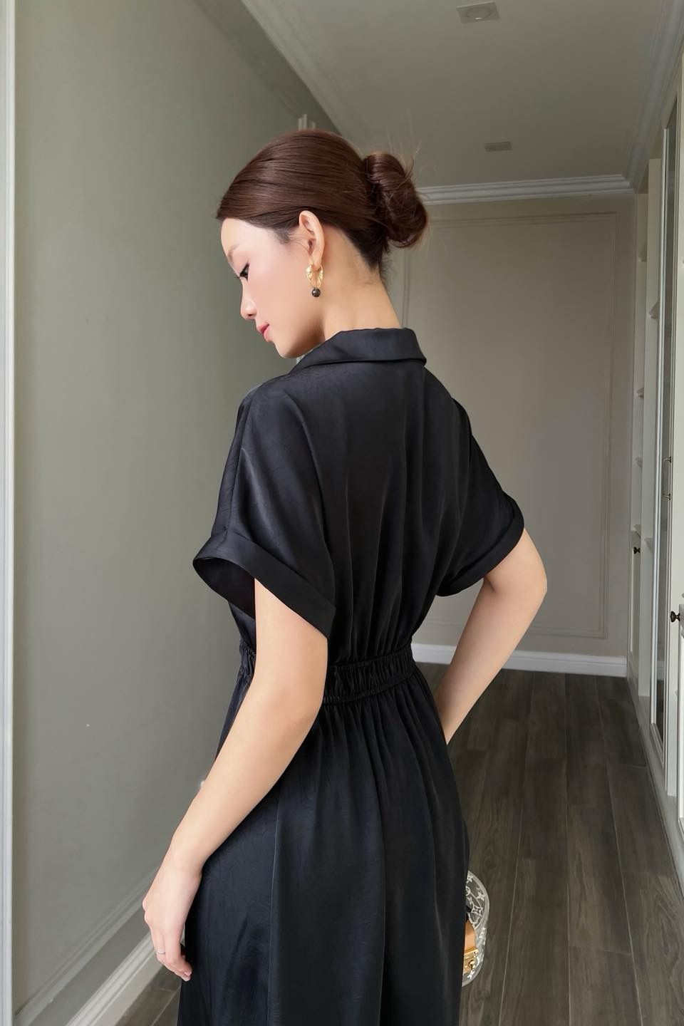  Đầm sơmi tay liền lụa vân mây Đen 