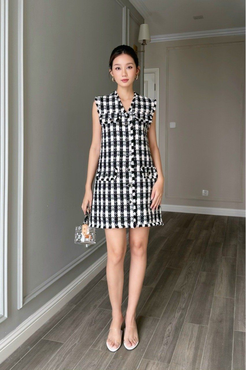  Đầm tweed karo đen 