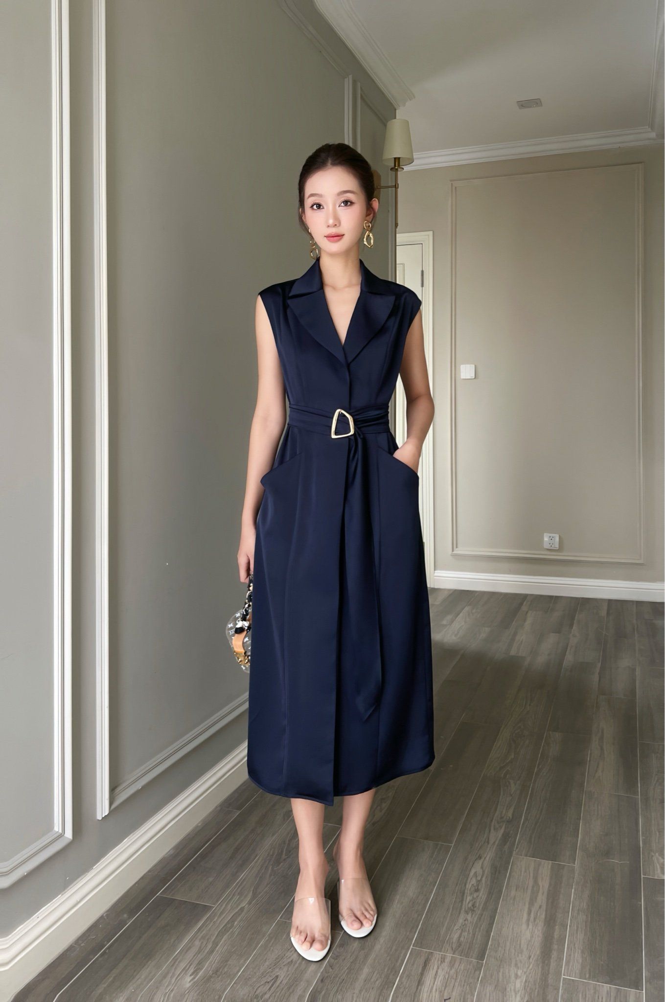  Đầm sơmi tay liền thắt dây lụa navy 