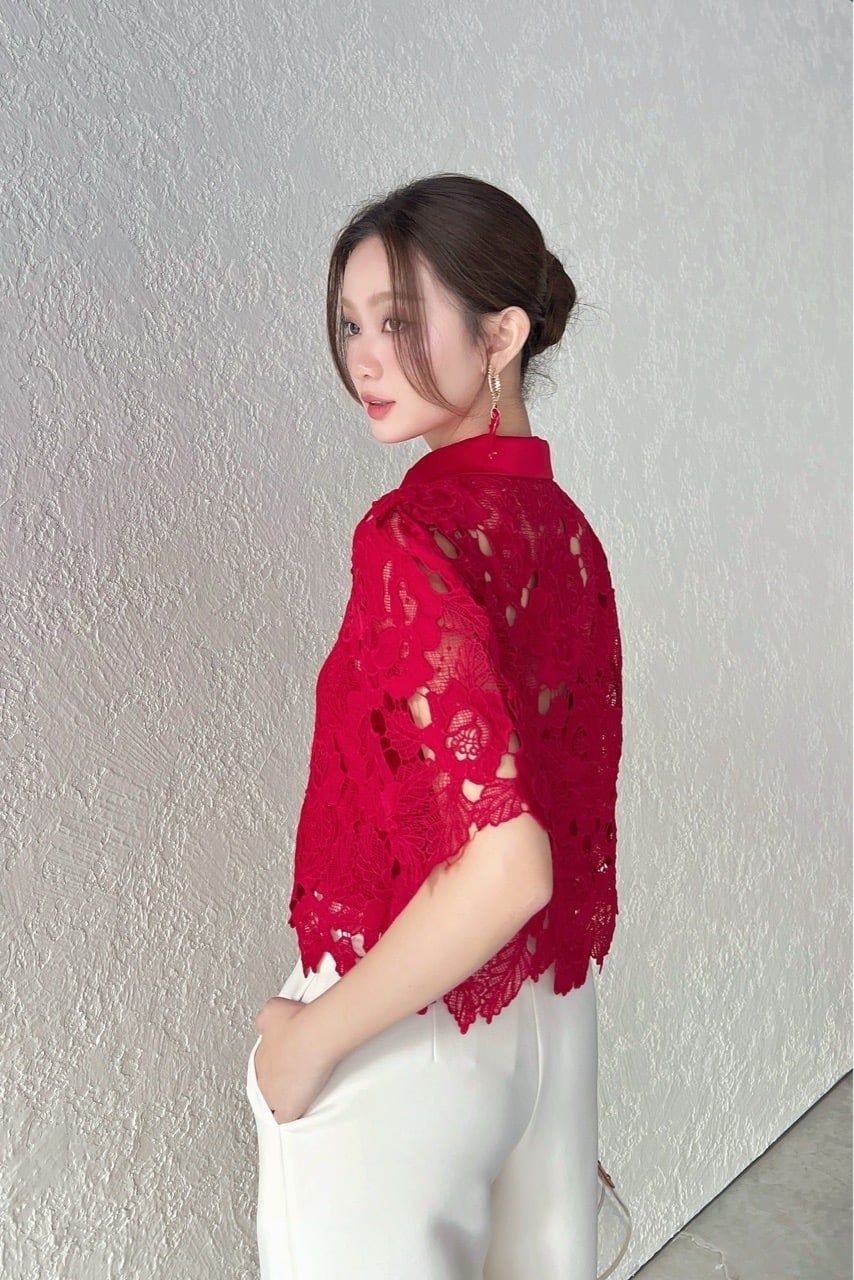  (NEW) Áo sơmi crop ren hoa hồng Đỏ đô 