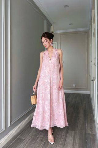  (MỚI) Đầm yếm chít li vai tơ gân Hồng 