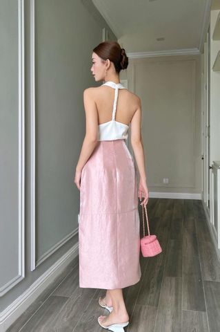  Váy bút chì lưng cao xẻ giữa ánh kim mờ Hồng 