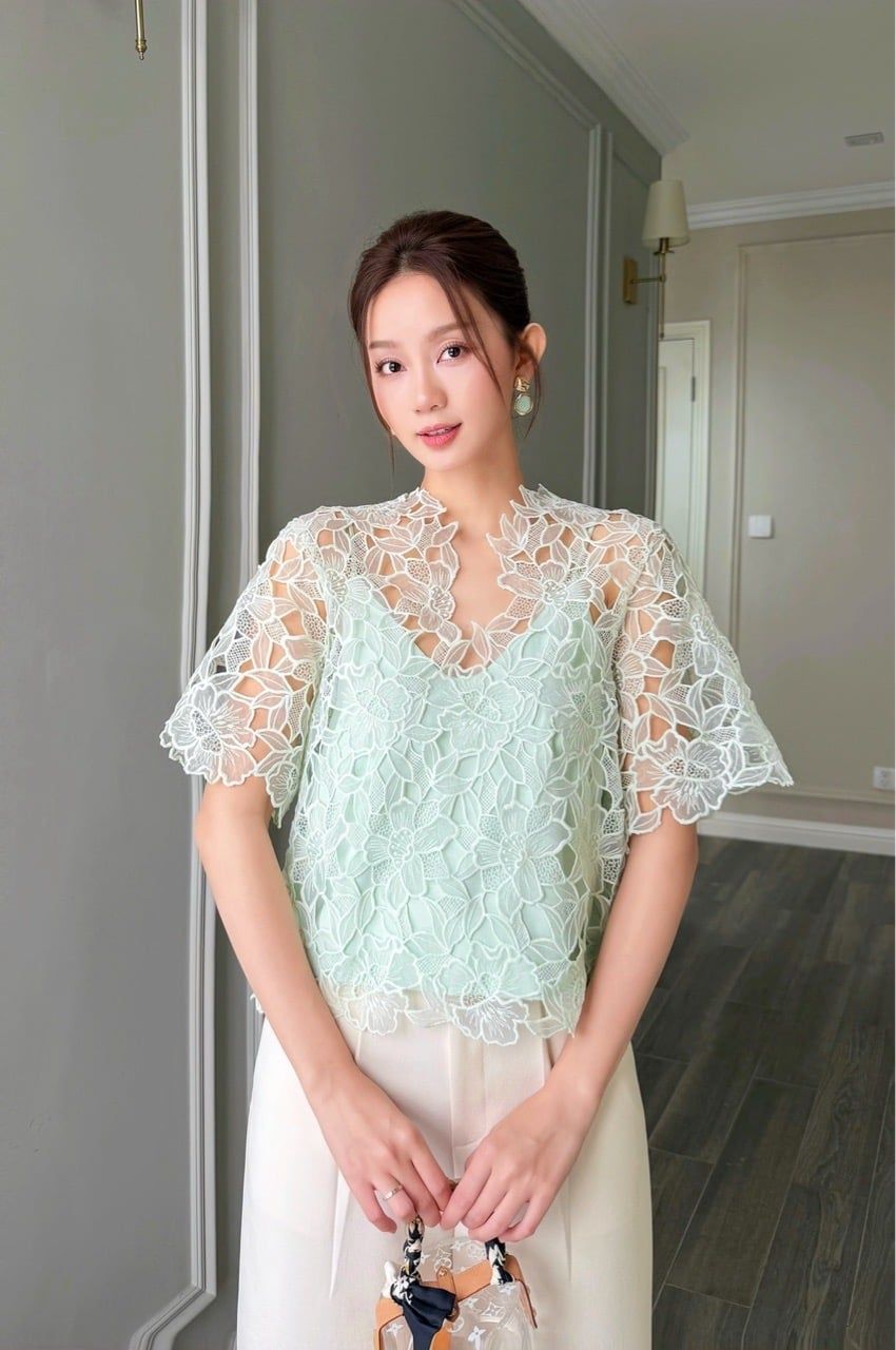  (MỚI) Áo tay phồng ren organza Xanh bơ 