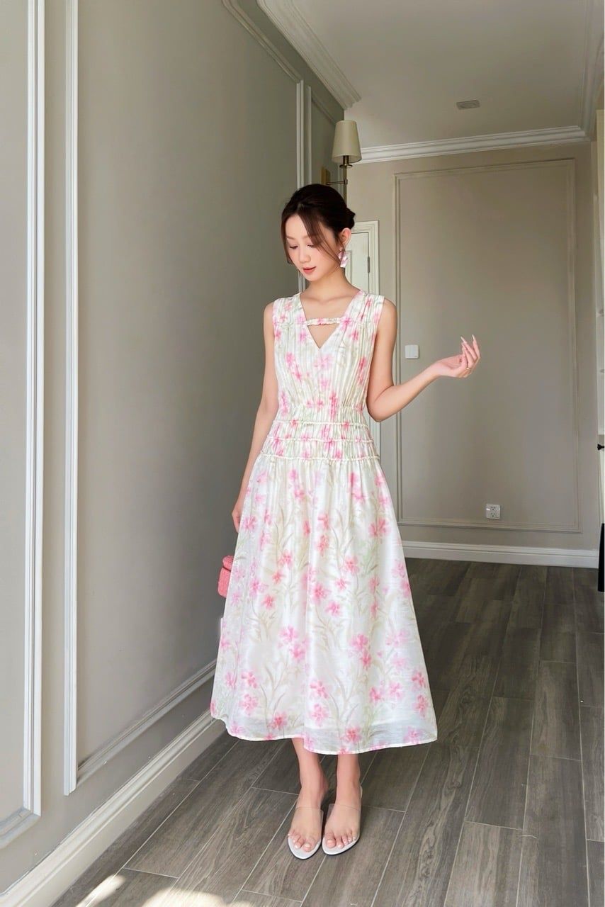  (MỚI) Đầm midi cách điệu phối nhíu Hoa hồng nhạt 
