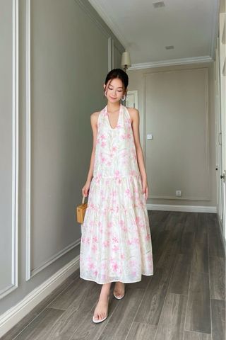  (MỚI) Đầm yếm cổ U maxi phối nhíu tơ Hoa hồng nhạt 