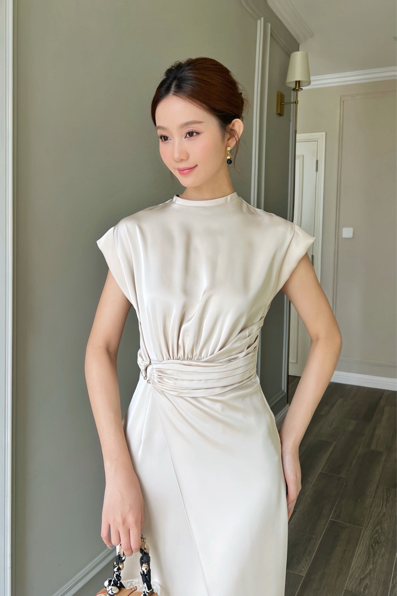  Đầm tay liền wrap phối khoen Kem 