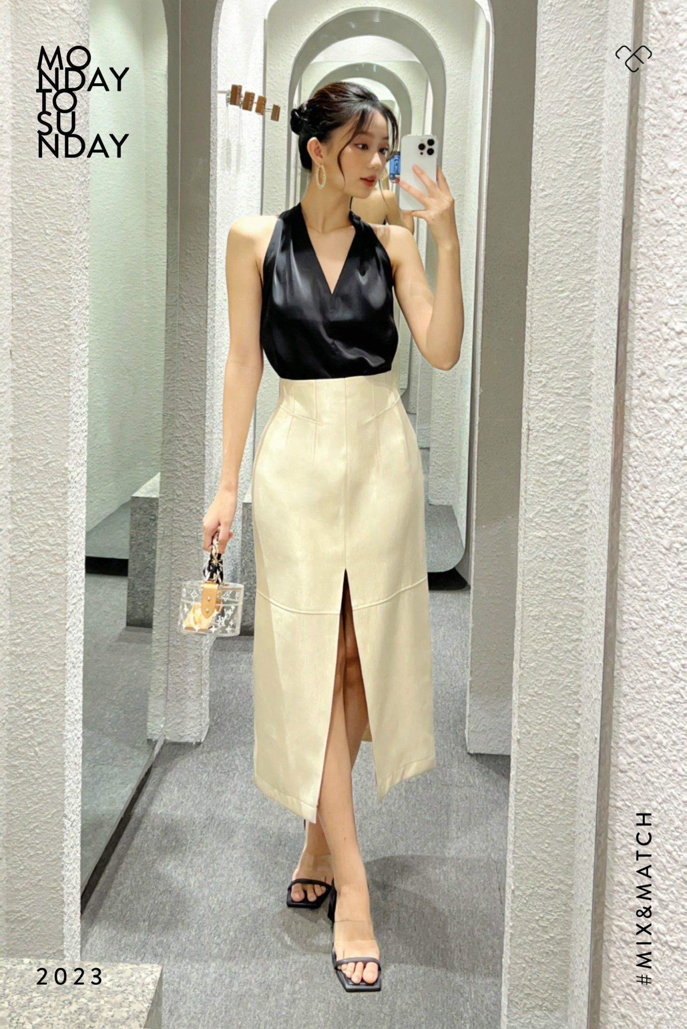  Váy bút chì lưng cao xẻ giữa ánh kim mờ Kem 