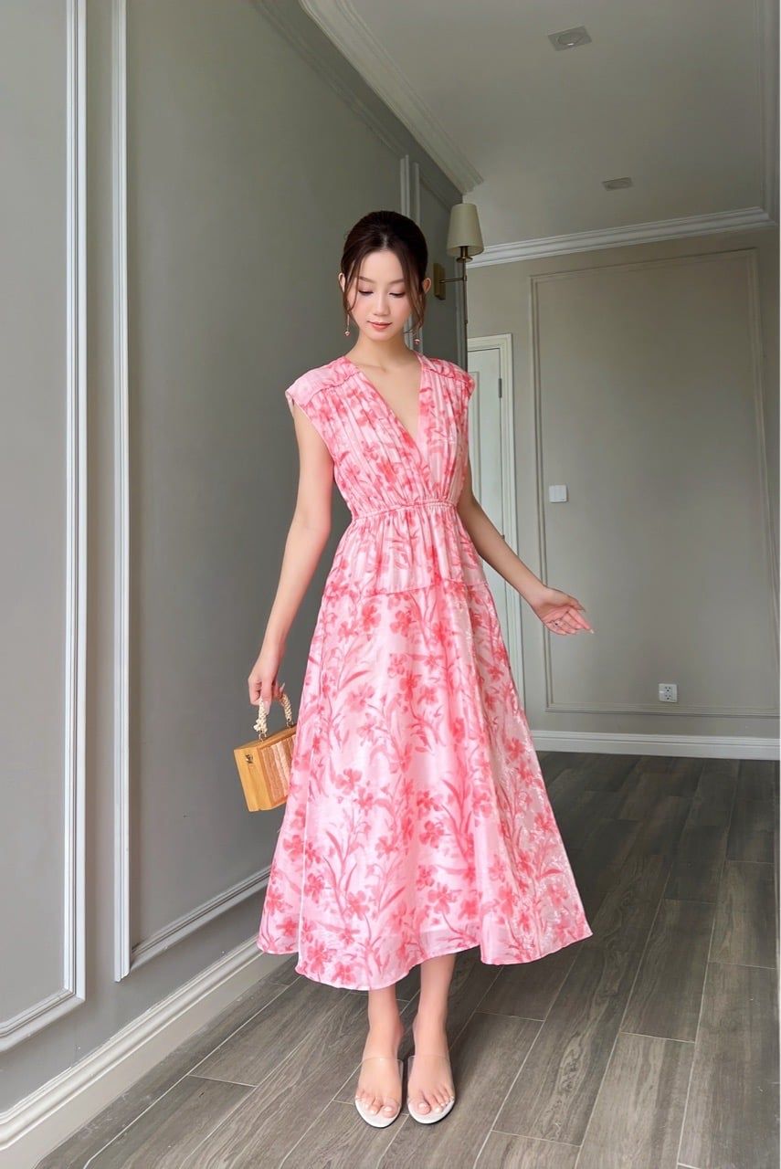  (MỚI) Đầm tay liền phối nhíu tơ hoa đỏ 