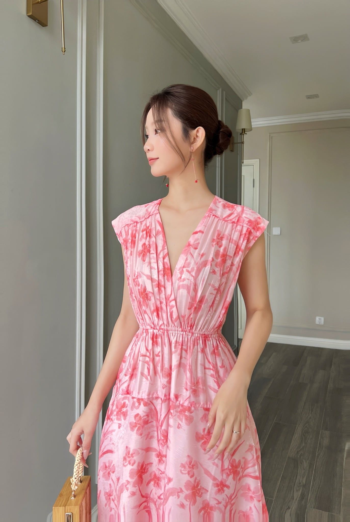  (MỚI) Đầm tay liền phối nhíu tơ hoa đỏ 