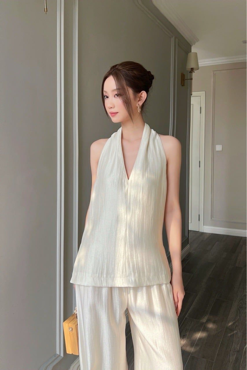  (MỚI) Áo yếm chít li vai Kem 