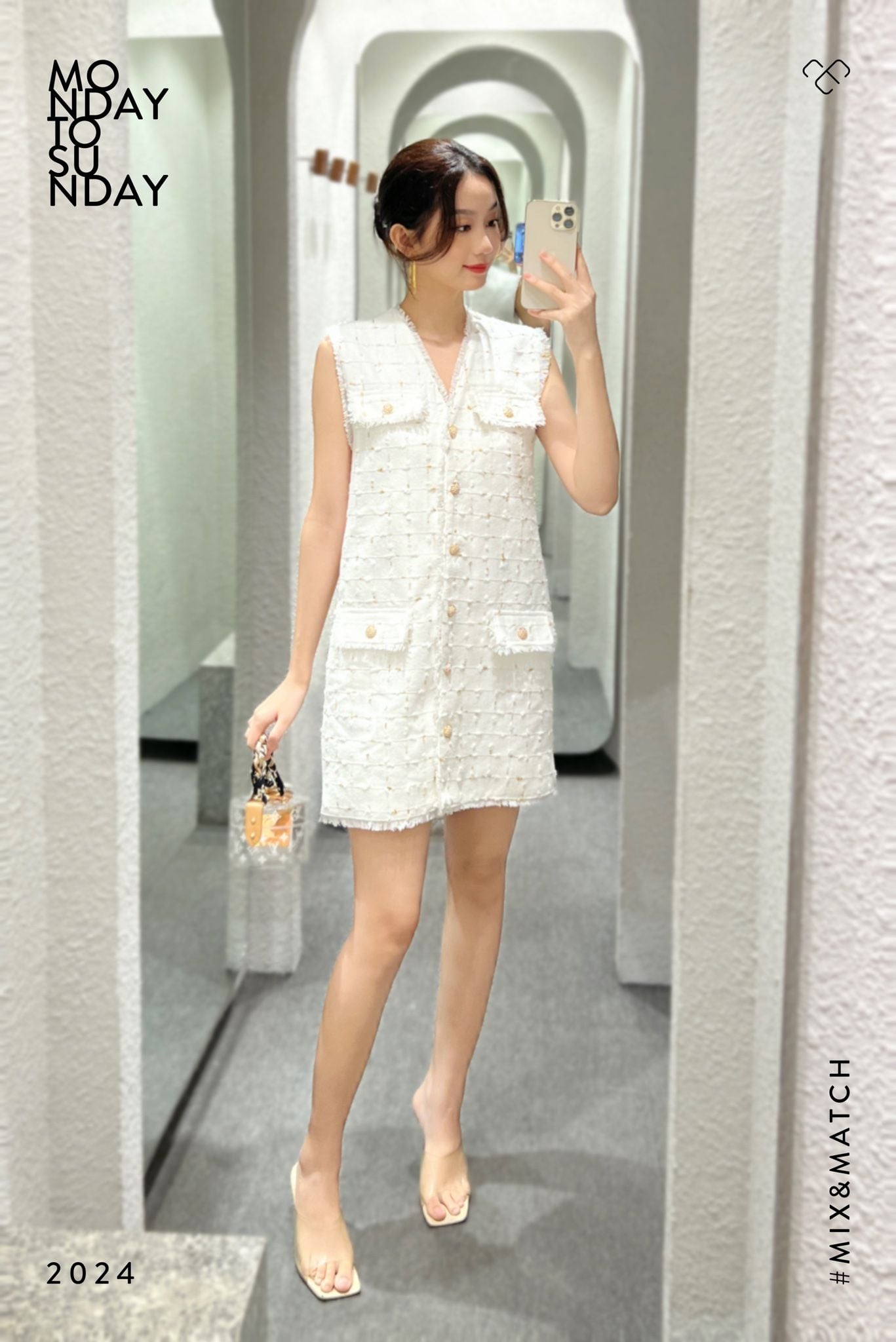  Đầm tweed karo Trắng 