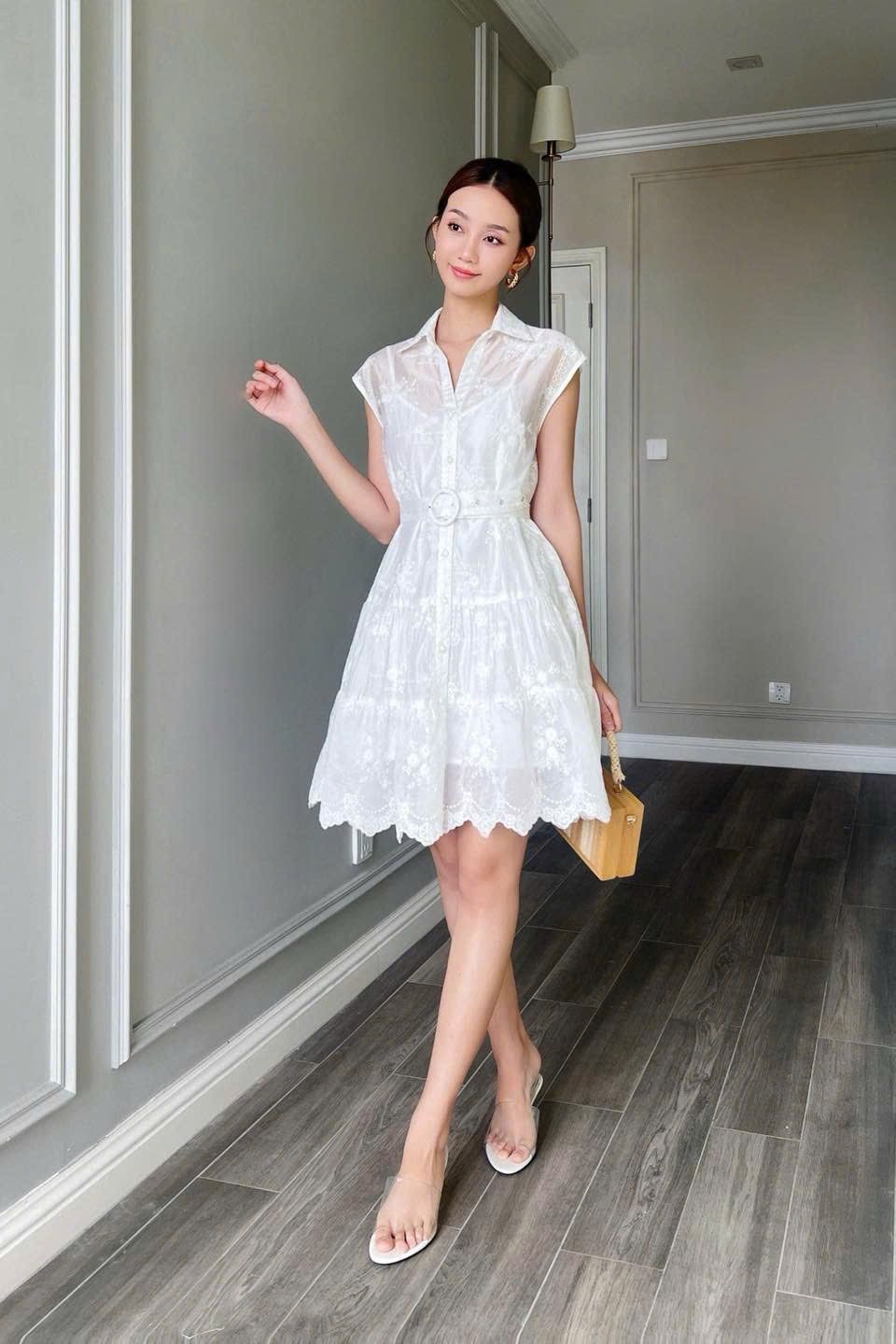  Đầm tay liền tơ thêu hoa Trắng 