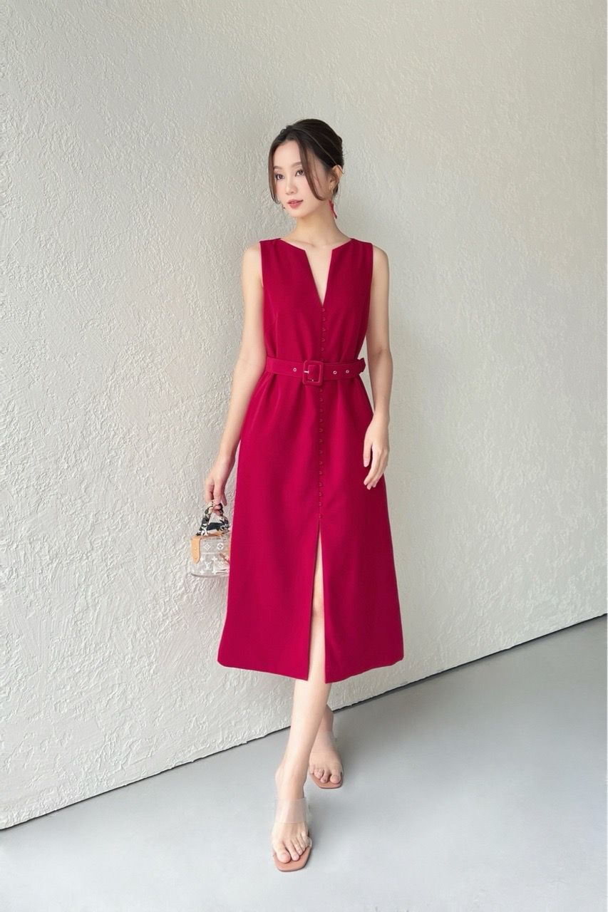  Đầm midi sát nách thắt dây xẻ giữa Đỏ đô 