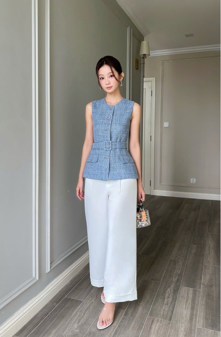  (MỚI) Áo sát nách thắt dây tweed Xanh đậm 