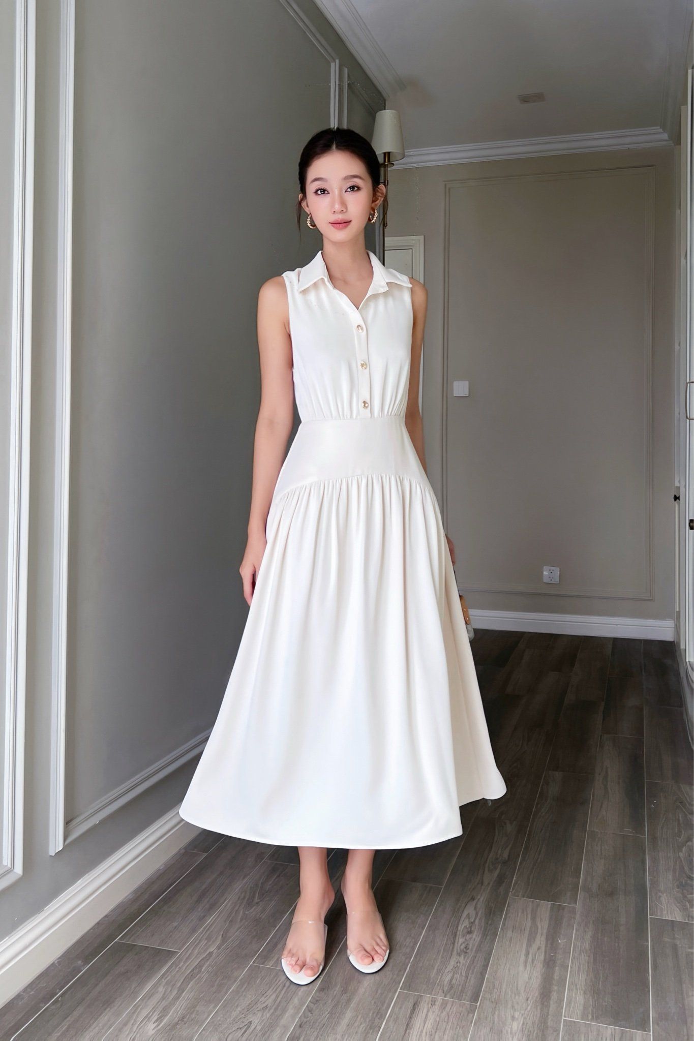  Đầm sơmi phối nhíu kem 