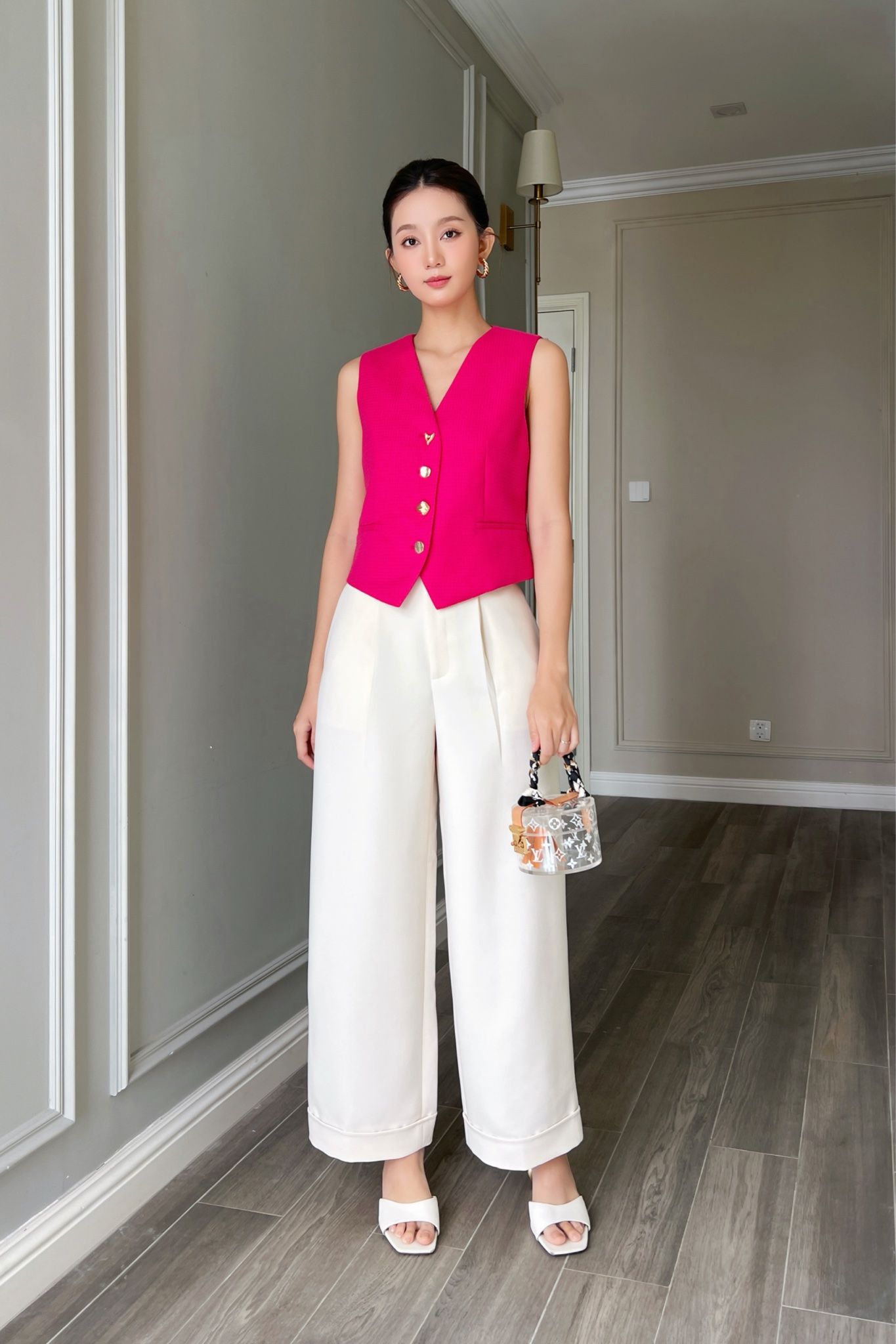  Gilet tweed hồng cánh sen 