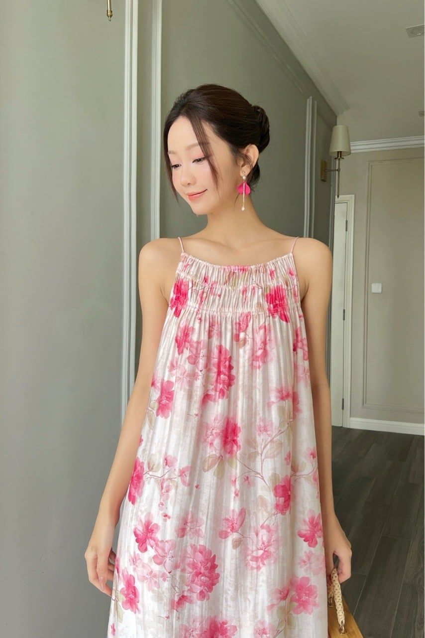  (MỚI) Đầm 2 dây maxi phối nhíu tơ boi hoa hồng cánh sen 