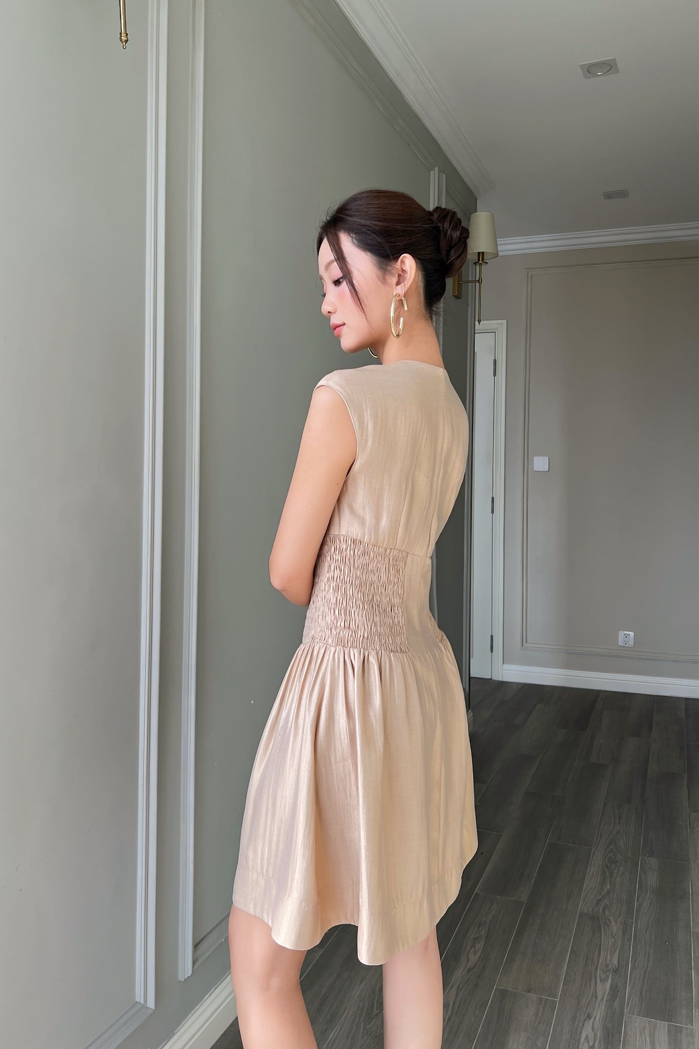  (MỚI) Đầm tay liền eo smocking phối dây kéo đồng 