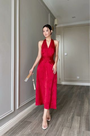  Đầm yếm xếp ly nhíu cách điệu lụa hoa Đỏ 