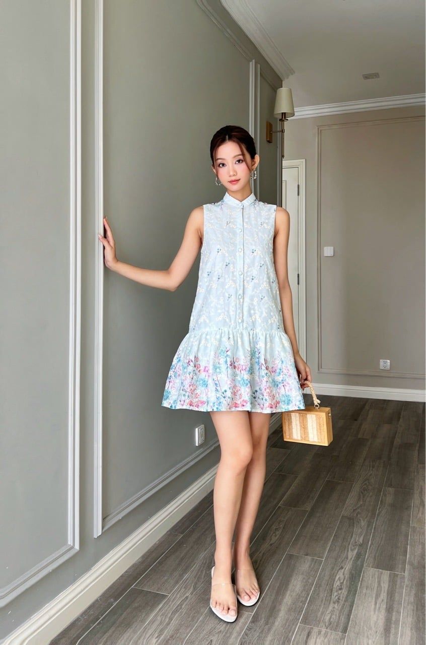  Đầm sơmi cổ chân hoa chân xanh 