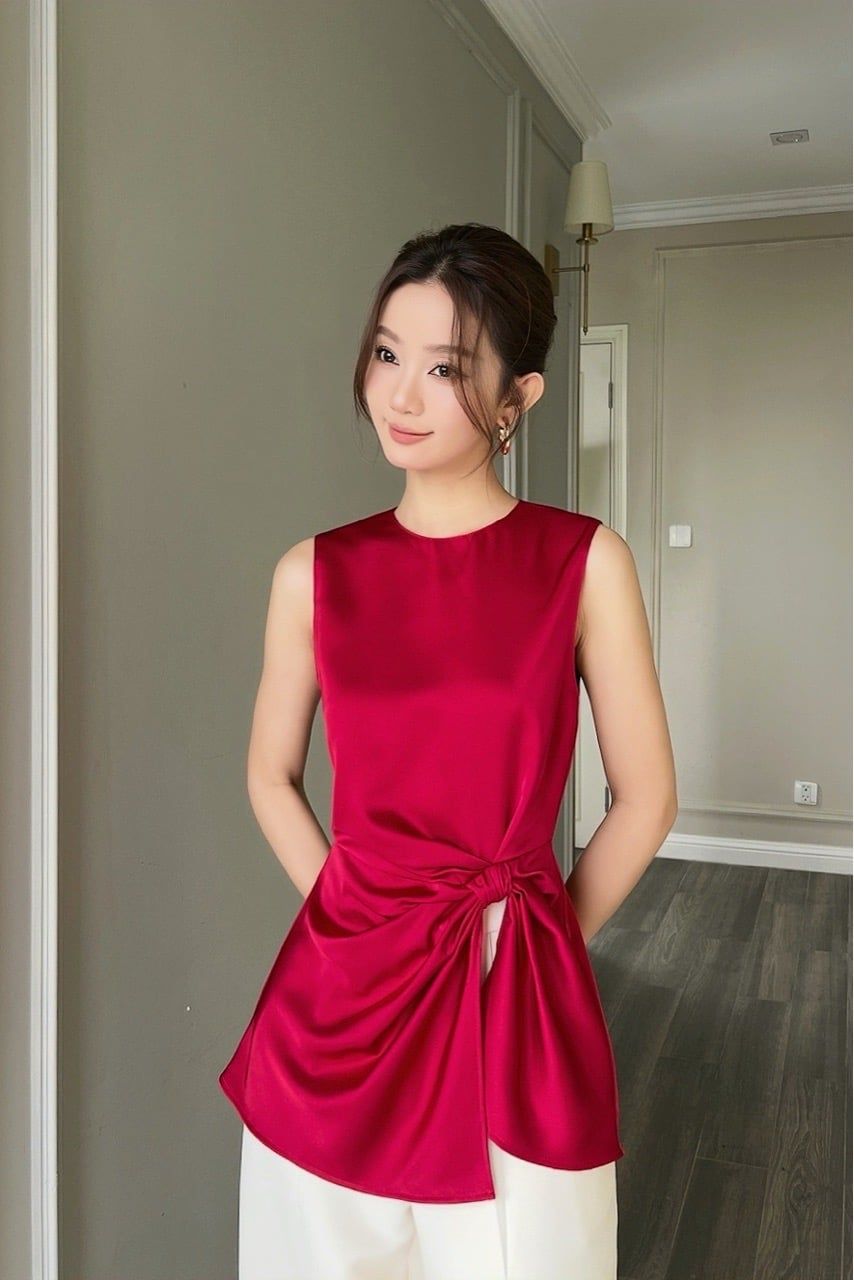  Áo sát nách thắt nút Đỏ đô 