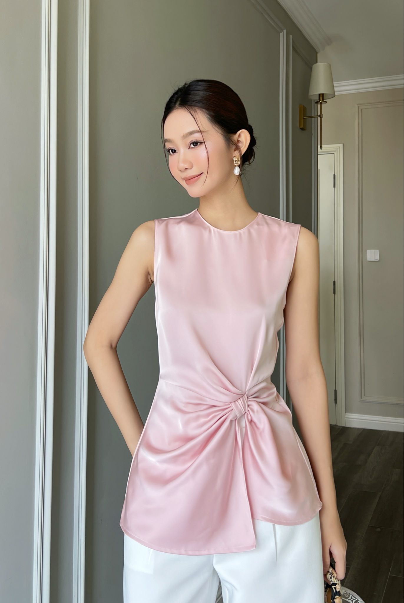  Áo sát nách thắt nút Hồng 