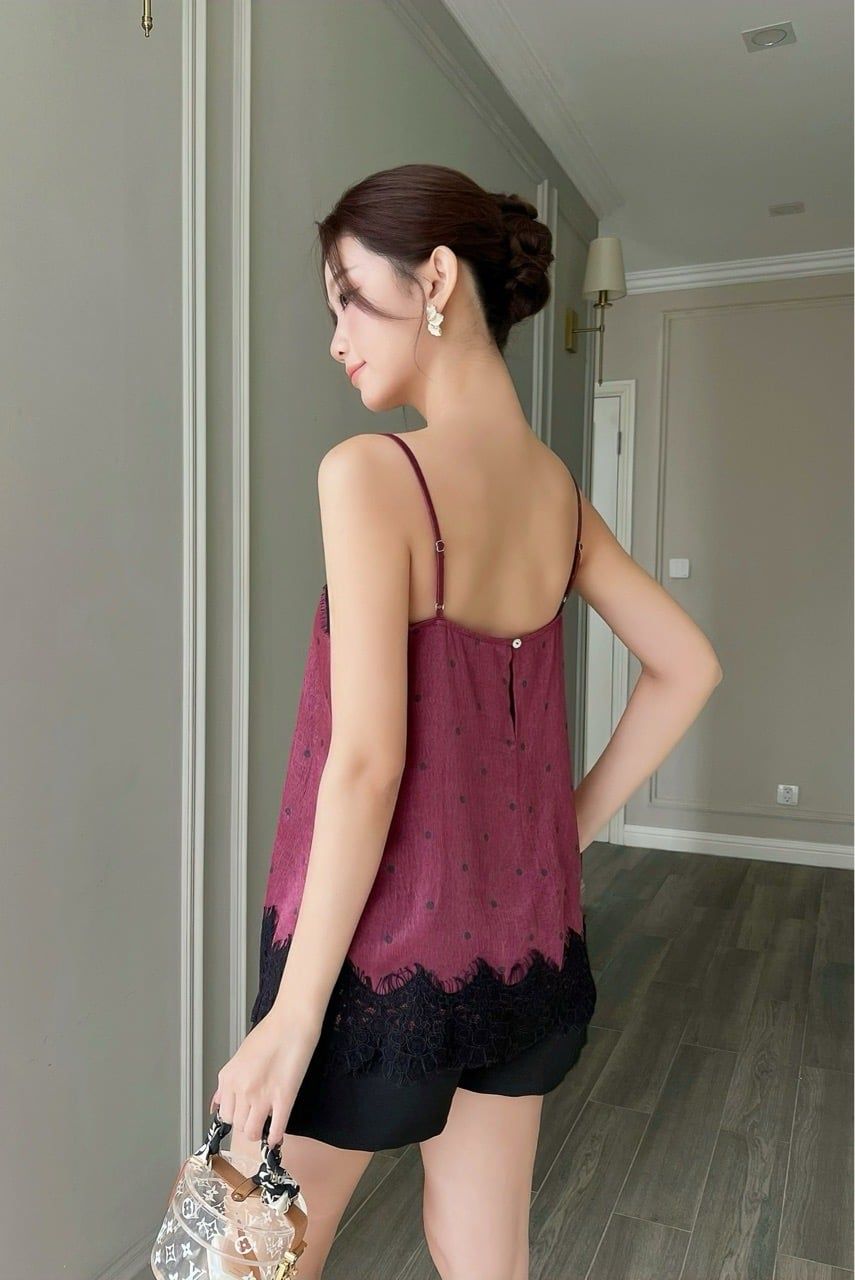  (MỚI) Áo 2 dây chấm bi phối ren Đỏ đô 
