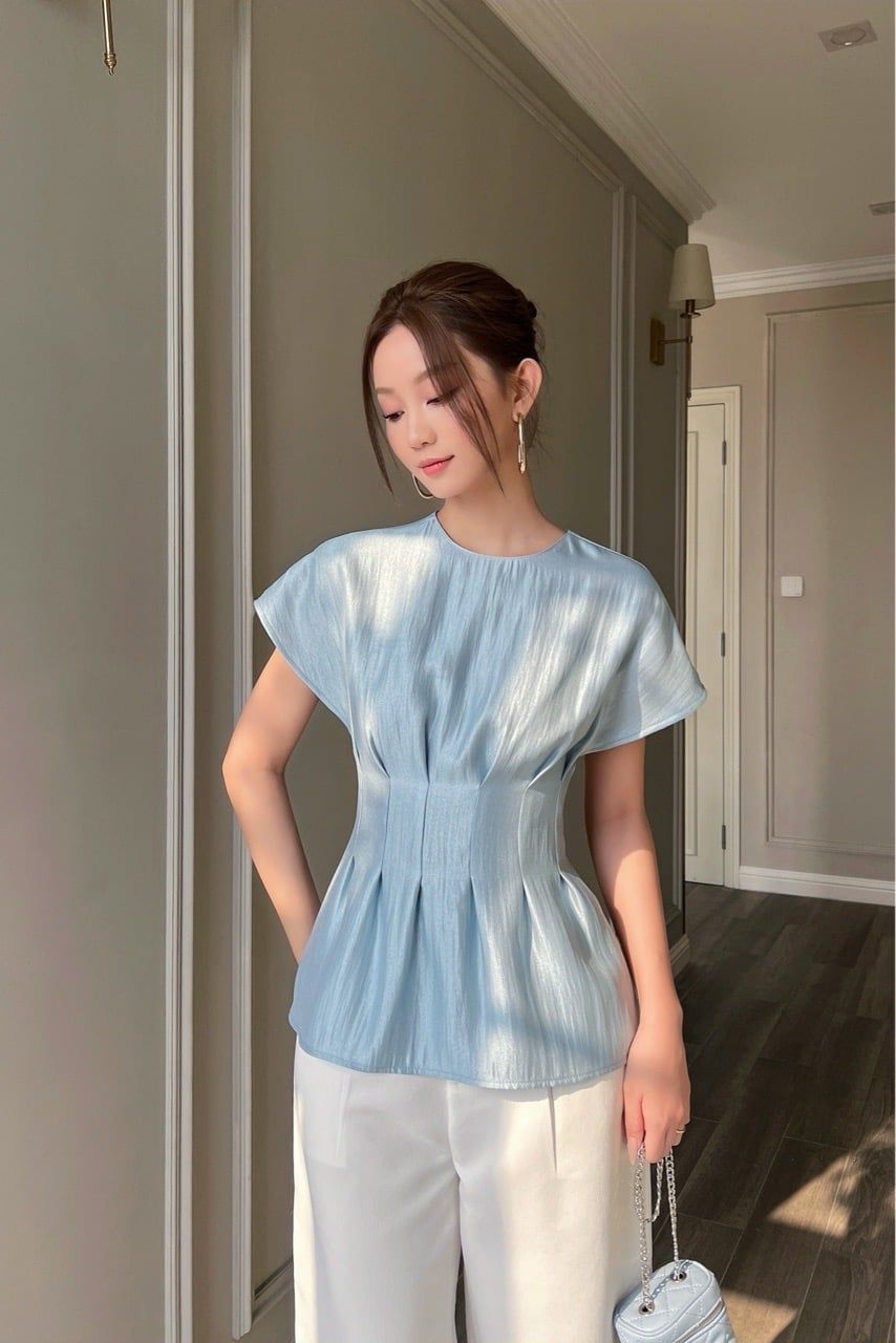  (MỚI) Áo tay liền chít li eo tơ Xanh 