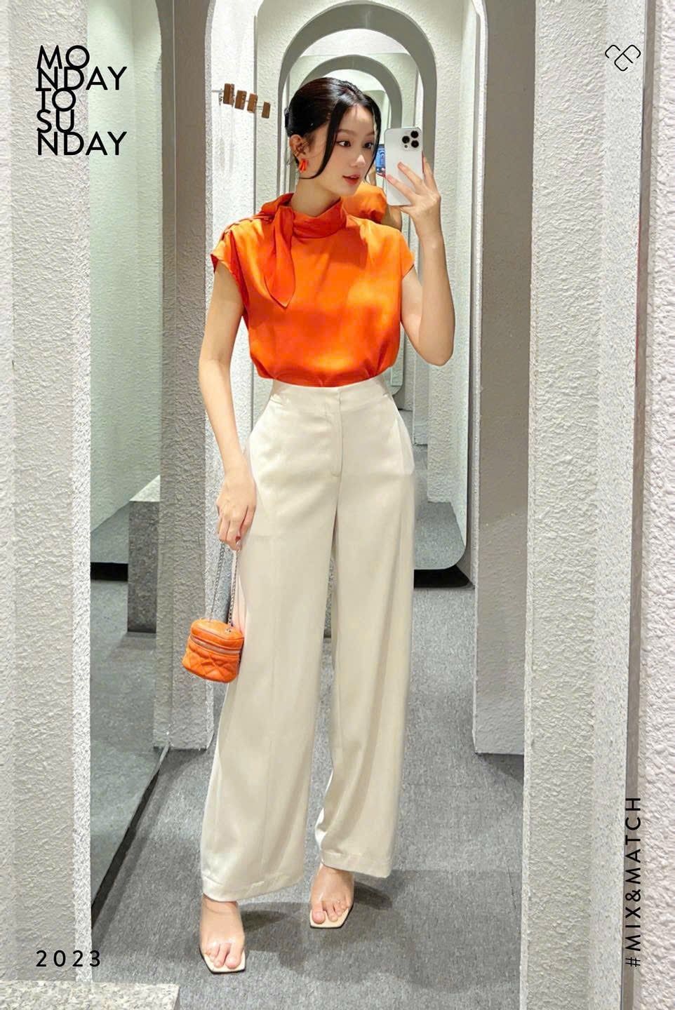  Áo tay liền cổ thắt nơ Cam 