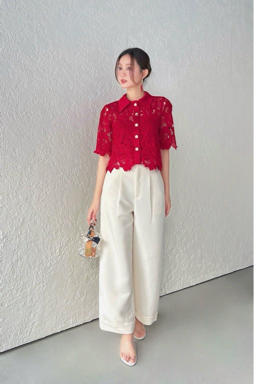  (NEW) Áo sơmi crop ren hoa hồng Đỏ đô 