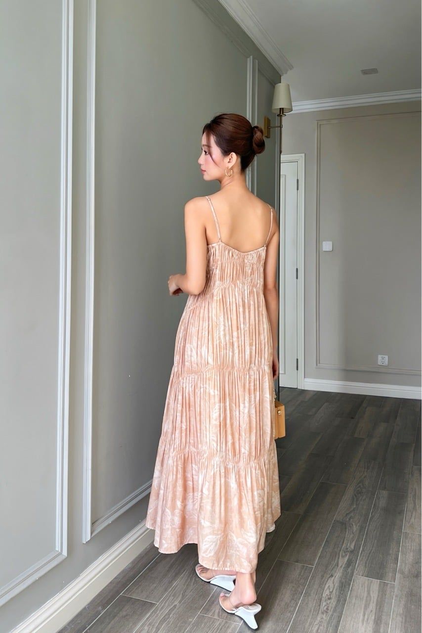  (MỚI) Đầm 2 dây maxi nhún thun cách điệu linen hoa be 
