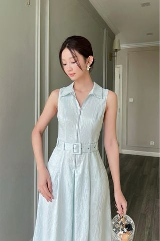  (MỚI) Đầm sơmi xếp ly phối dây kéo khoá Xanh nhạt 