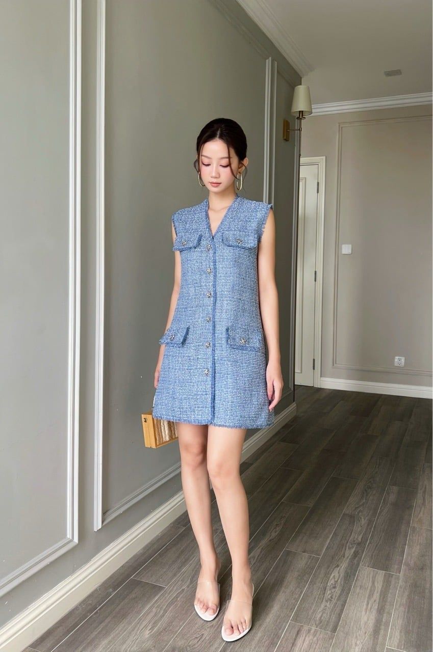  (MỚI) Đầm tay liền tweed Xanh đậm 