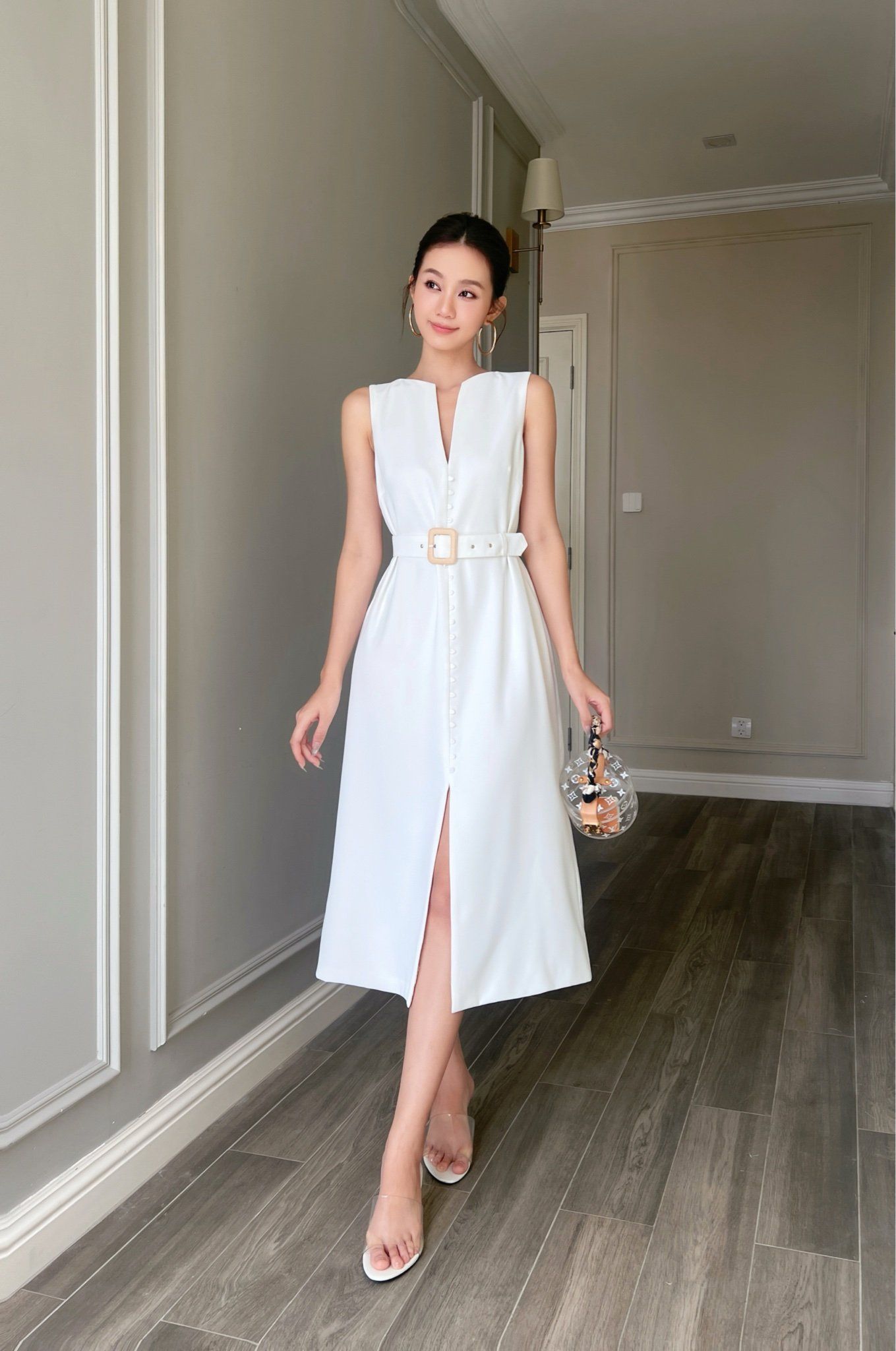  Đầm midi sát nách thắt dây xẻ giữa Trắng 