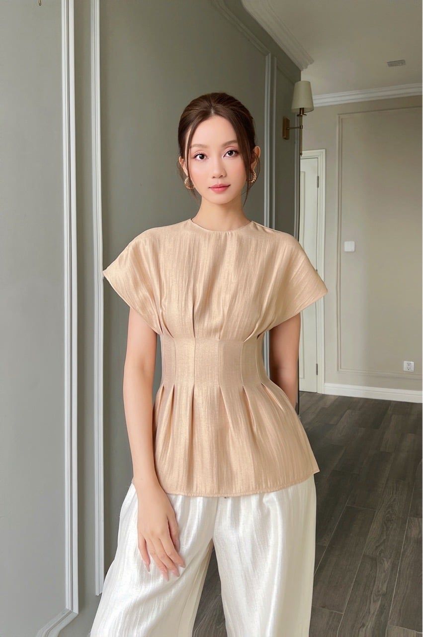  (MỚI) Áo tay liền chít li eo tơ Be 