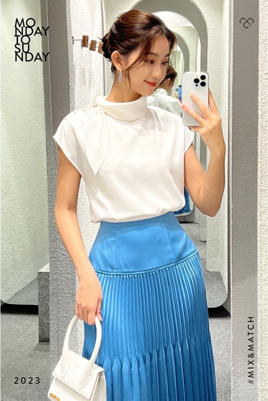  Áo tay liền cổ thắt nơ Trắng 