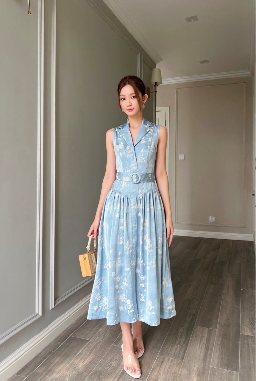  (MỚI) Đầm sơmi sát nách nhíu thắt dây lụa hoa in nổi Xanh 