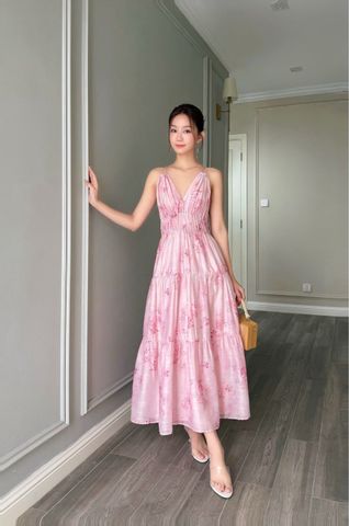  (MỚI) Đầm 2 dây maxi phối nhíu cách điệu Hoa hồng nhỏ 