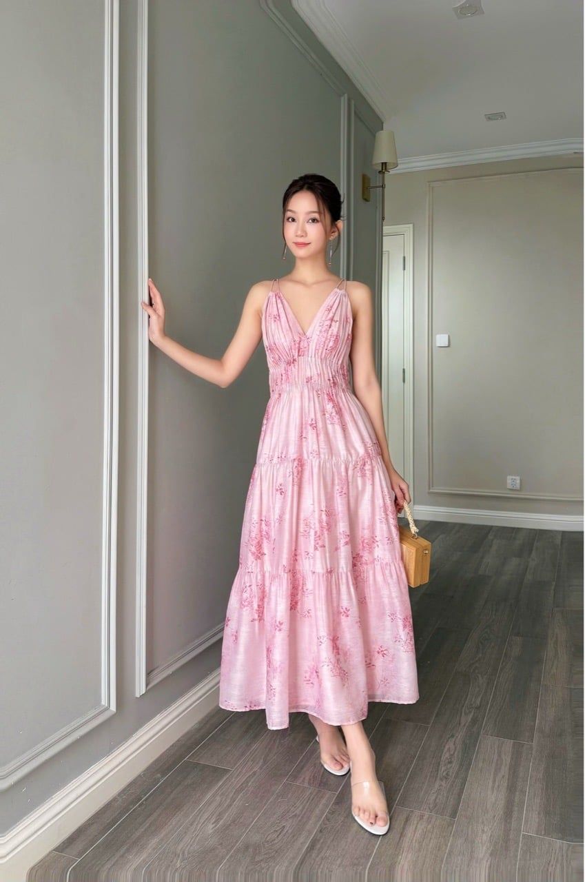  (MỚI) Đầm 2 dây maxi phối nhíu cách điệu Hoa hồng nhỏ 