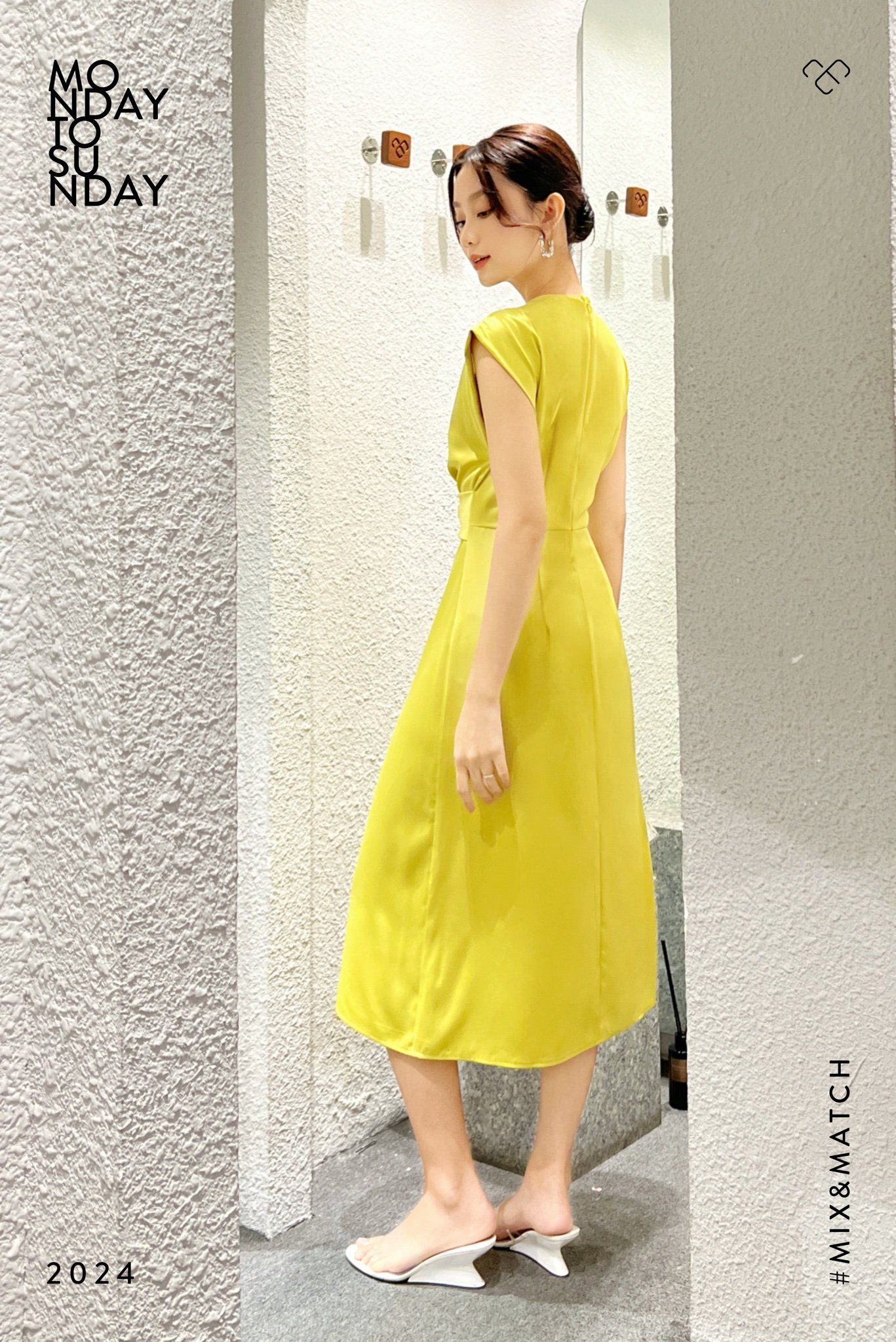  Đầm tay liền xoắn eo Vàng chanh 