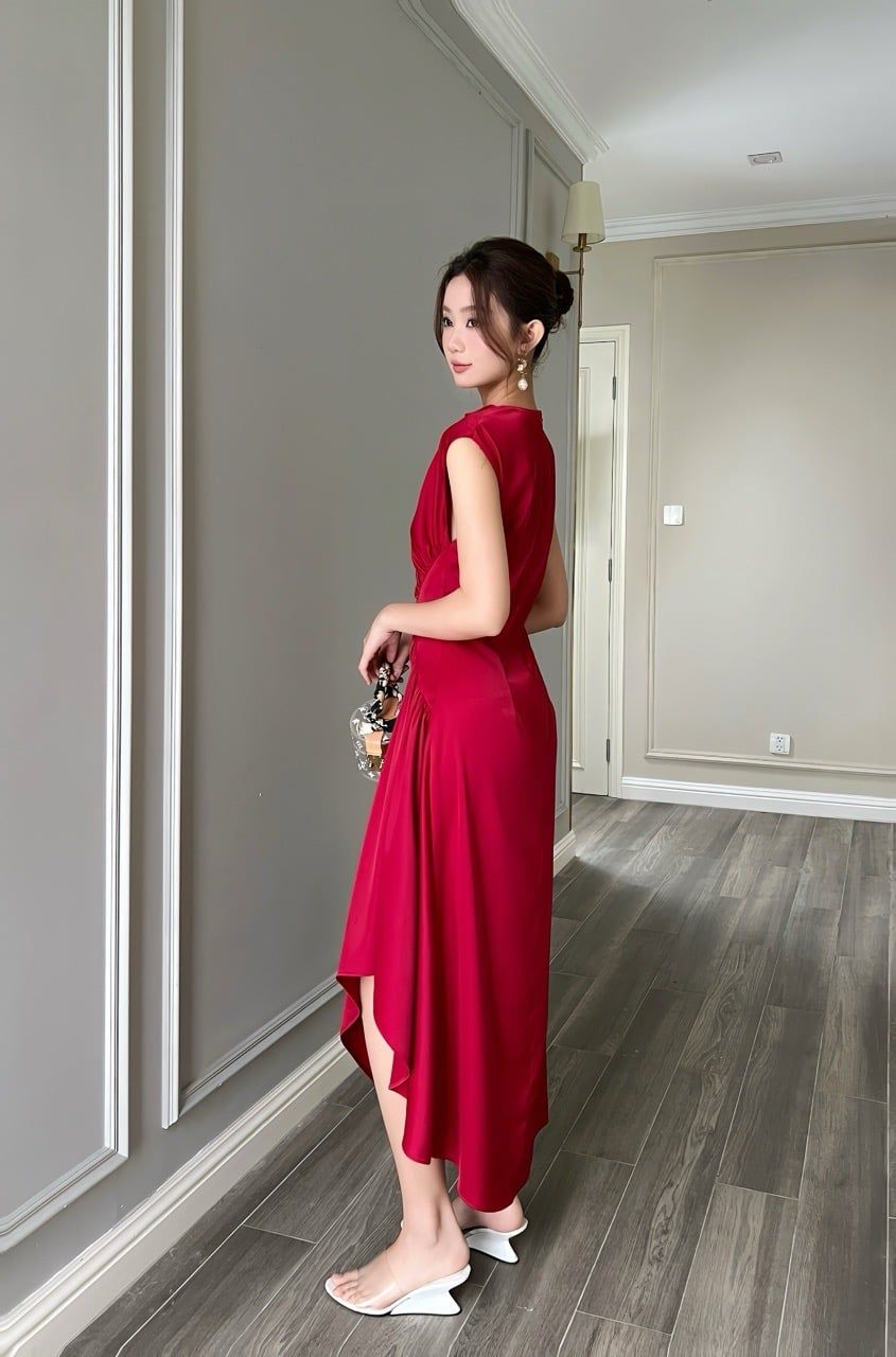  (NEW) Đầm tay liền cổ đổ nhíu eo xẻ 1 bên Đỏ đô 